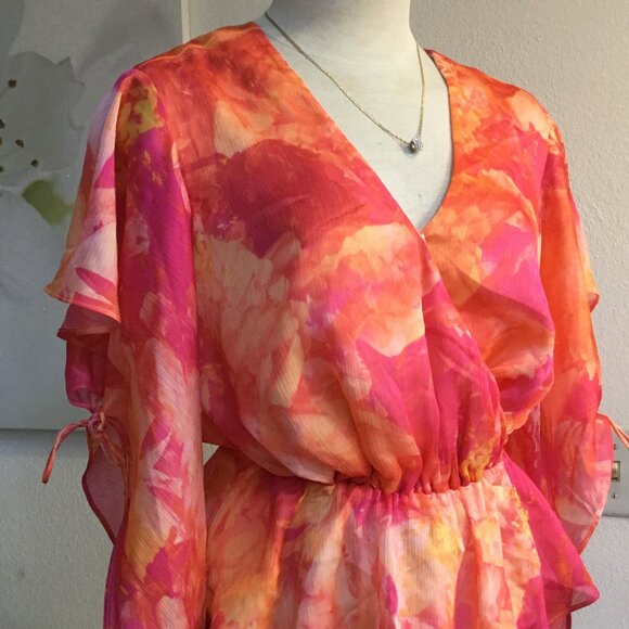 GUESS Printed Blouse Top Long Slit Sleeve Wrapped Ruched Waisted Chiffon S - Picture 4 of 11